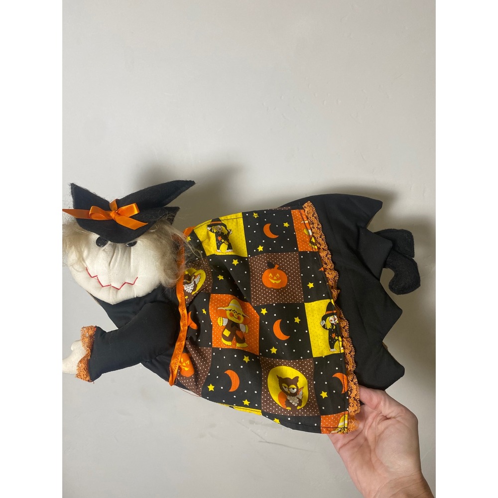 Vintage 80s Handmade Halloween Witch Wall Hanging Decor Patchwork Folk Art